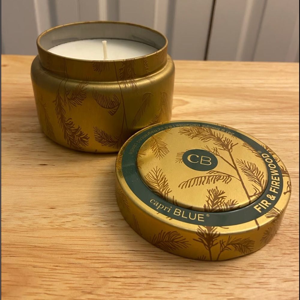 Anthropologie NWT Capri Blue Fir & Firewood Tin Candle: Rare Gold Tin